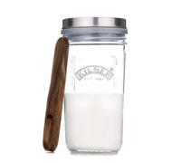 Kilner Kefir Set 0.5Litre Wide Mouth Jar with Silicone Strainer Cap Beech Wood Measuring Spoon & Stainless Steel Lid, Make Probiotic Drinks