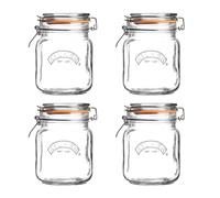 Kilner Square Clip Top Jar Set of 4, 1 Litre (1000ml) Airtight Glass Jars for Storing Coffee Beans Pickling Vegetables Chutneys Pasta Nuts BPA-Free