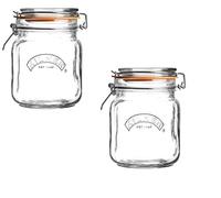 Kilner Square Glass Clip Top Jar with Airtight Rubber Seal, 1 Litre - 2 Pack