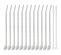 kilofly 12 pcs Bar Spoon Straws Stainless Steel Twisted Long Handle + 2 Cleaning Brushes