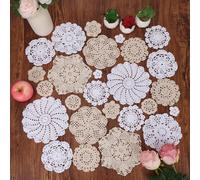 kilofly 26 pcs Cotton Crochet Coasters Doilies 1.8"-7.5" Handmade White Beige Placemats