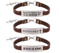 kilofly 3 Sets Men Christian Bible Bracelets Cuff Leather Religious Cross Gift