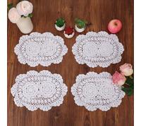 kilofly Crochet Cotton Lace Placemats Doilies 4pc, Oval, White, 9 x 13 inch