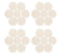 kilofly Crochet Cotton Lace Table Placemats Doilies Pack, 4pc, Beige, Blossoms, 10 inch