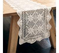 kilofly Handmade Crochet Cotton Rectangular Tablecloth Runner 15 x 59 Inch, Beige
