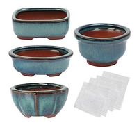kilofly Happy Bonsai Mini Glazed Pots Value Set of 4, with 4 Soft Mesh Drainage Screens