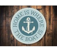 KILSPU Home Is Where The Boat Is, Home Boat Sign, Boat Dock Decor, Fishing Dock, Boat Docks, Boat Lovers, Boat Owners, Lake Lovers Metal Round Tin Sign 12x12 Inch