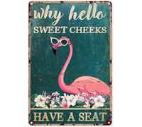 KILSPU Retro Flamingo Bathroom Flamingo Why Hello Sweet Cheeks Have A Seat Metal Sign Decor Tin Aluminum Sign Wall Art Metal Poster for Home Party Bathroom Outdoor 8x12 inch
