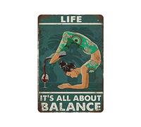 KILSPU Retro Metal 8x12 Inch Tin Sign Plaque,Yoga Wine Life It’S All About Balance Tin Sign,Funny Yoga Art,Wine And Yoga,Wine Lover Gift,Novelty Signs For Home Kitchen Cafe Bar Man Cave