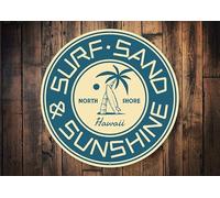 KILSPU Surf Sand & Sunshine Sign, Surfer Shack Decor, Decor For Surf, Surfing Home Decor, Home For Surfer, Gift For Surfing, Surfer Gift Metal Round Tin Sign 12x12 Inch