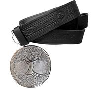 Kilt Belt and Buckle Set Antique, Scottish Kilt Belt Buckle Belt for Men, Black Leather Belts Celtic Thistle Embossed, Plain Belts 2 Piece (Kilt Belt with Buckle Celtic Silver Finish, X-Large)