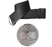 Kilt Belt and Buckle Set Antique, Scottish Kilt Belt Buckle for Men, Black Leather Belts Celtic Thistle Embossed, Plain Belts 2 Piece (Kilt Belt with Buckle Celtic Knot Chrome, X-Large)