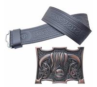 Kilt Belt and Buckle set - Black Leather with Celtic Trinity Embossing, Scottish Heilan Coo Buckle Pewter Handcrafted - Perfect Highland Dress, Kilt Belt for Men (Bronze Finish, 3XL, 56-60 Inch)