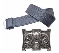 Kilt Belt and Buckle set - Black Leather with Celtic Trinity Embossing, Scottish Heilan Coo Buckle Pewter Handcrafted - Perfect Highland Dress, Kilt Belt for Men (Silver Antique, Medium, 32-36 Inch)