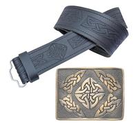 Kilt Belt and Buckle Set - Celtic Embossed Leather Kilt Belt with Handcrafted Pewter Buckle featuring Celtic Square Design, Perfect for Men’s Scottish Kilts (Brass Antique, XXL - 50" -54")