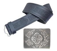 Kilt Belt and Buckle Set - Celtic Embossed Leather Kilt Belt with Handcrafted Pewter Buckle featuring Celtic Square Design, Perfect for Men’s Scottish Kilts (Silver Antique, M - 32" - 36")