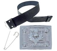 Kilt Belt and Buckle Set - Elegant Men's Kilt Belt Thistle Embossed Leather - Handcrafted Pewter Buckle Antique Silver Finish, Kilt Pin 3 Inch (Celtic Buckle, Chrome Finish, Large)