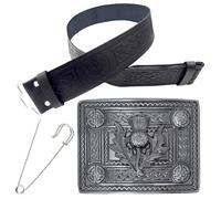 Kilt Belt and Buckle Set - Elegant Men's Kilt Belt Thistle Embossed Leather - Handcrafted Pewter Buckle Antique Silver Finish, Kilt Pin 3 Inch (Celtic Buckle, Silver Antique, Small)