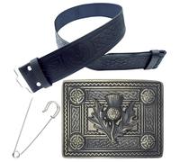 Kilt Belt and Buckle Set - Elegant Men's Kilt Belt Thistle Embossed Leather - Handcrafted Pewter Buckle Antique Silver Finish, Kilt Pin 3 Inch (Celtic Buckle, Brass Antqiue, XL - Large)
