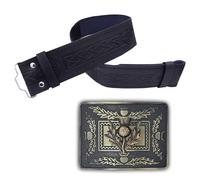Kilt Belt and Buckle Set - Leather Kilt Belt for Men with Celtic Embossed Design - Scottish Thistle Buckle in Antique Finish for Heritage Wear - Ideal for Kilt Attire (Brass Antique, Small)