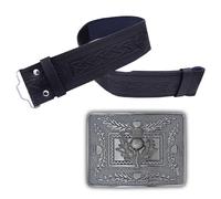 Kilt Belt and Buckle Set - Leather Kilt Belt for Men with Celtic Embossed Design - Scottish Thistle Buckle in Antique Finish for Heritage Wear - Ideal for Kilt Attire (Silver Antique, XXX - Large)