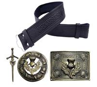 Kilt Belt and Buckle Set - Scottish Thistle Embossed Leather Belt, Handmade Pewter Plaid Brooch with Antique Celtic Knot Buckles, Antique Silver Finish (Intricate Celtic - Antique, 3XL, 56-60 Inch)
