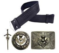 Kilt Belt and Buckle Set - Scottish Thistle Embossed Leather Belt, Handmade Pewter Plaid Brooch with Antique Celtic Knot Buckles, Antique Silver Finish (Thistle Crest - Antique, Medium, 32-36 Inch)