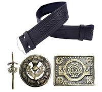 Kilt Belt and Buckle Set - Scottish Thistle Embossed Leather Belt, Handmade Pewter Plaid Brooch with Antique Celtic Knot Buckles, Antique Silver Finish (Celtic Trinity - Antique, Large, 38-42 Inch)