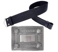 Kilt Belt & Buckle Set - Black Celtic Embossed Leather with Celtic 4 Demo Buckle, Pewter Handcrafted Highland Kilt Accessory for Men - Weddings & Festivals (Antique Silver, 2XL, 50-54 Inch)