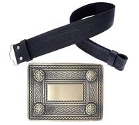 Kilt Belt & Buckle Set - Black Celtic Embossed Leather with Celtic 4 Demo Buckle, Pewter Handcrafted Highland Kilt Accessory for Men - Weddings & Festivals (Brass Antique, 3XL, 56-60 Inch)
