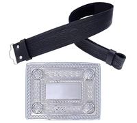 Kilt Belt & Buckle Set - Black Celtic Embossed Leather with Celtic 4 Demo Buckle, Pewter Handcrafted Highland Kilt Accessory for Men - Weddings & Festivals (Chrome, XL, 44-48 Inch)