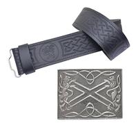 Kilt Belt & Buckle Set - Highland Saltier Pewter Buckle with Lion Rampant Embossed Leather kilt Belt, Elegant Traditional Scottish Attire, Kilts for Men (Antique - Silver, XL - 44" - 48")