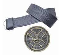 Kilt Belt & Buckle Set - Men's Black Trinity Embossed Leather Belt with Celtic Knotwork Buckle, Antique Brass Finish - Traditional Highland Dress Accessory (Brass Antique, Medium, 32-36 Inch)