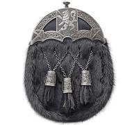 Kilt Belt Buckle - Traditional Men's Scottish Kilt Sporran - Lion Rampant Design, Premium Black Leather, Brown Fur, and Antique Cantle - Full Dress Sporrans and Chain Belt (Black Fur Cross)
