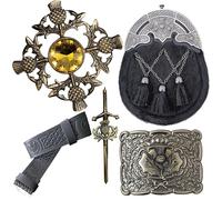 Kilt Belt & Sporran Set - Scottish Sporrans Black Fur with Celtic Thistle Cantle, Leather Kilts Belt, Plaid Brooch, Antique Brass Kilt Pin & Buckle
