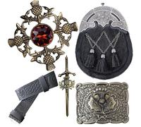 Kilt Belt & Sporran Set - Scottish Sporrans Black Fur with Celtic Thistle Cantle, Leather Kilts Belt, Plaid Brooch, Antique Brass Kilt Pin & Buckle