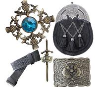Kilt Belt & Sporran Set - Scottish Sporrans Black Fur with Celtic Thistle Cantle, Leather Kilts Belt, Plaid Brooch, Antique Brass Kilt Pin & Buckle
