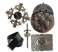 Kilt Belt & Sporran Set - Scottish Sporrans Black Fur with Celtic Thistle Cantle, Leather Kilts Belt, Plaid Brooch, Antique Brass Kilt Pin & Buckle
