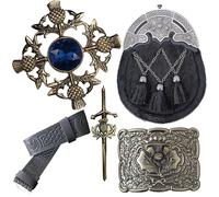 Kilt Belt & Sporran Set - Scottish Sporrans Black Fur with Celtic Thistle Cantle, Leather Kilts Belt, Plaid Brooch, Antique Brass Kilt Pin & Buckle