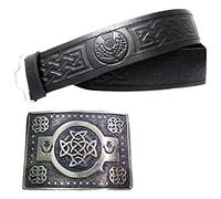Kilt Belt with Buckle Celtic Knot Thistle Embossed Real Leather Belts Black (L, Antique Finish)