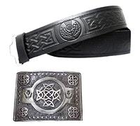 Kilt Belt with Buckle Celtic Knot Thistle Embossed Real Leather Belts Black (XXL, Silver Antique Finish)