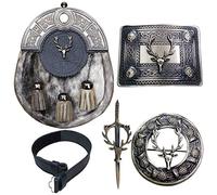 Kilt Belt with Buckle Scottish Kilts Sporran with Badge Style Stag Head/Kilt Pin/Fly Plaid Brooch 5 piece Set (M)