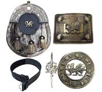 Kilt Belt with Buckle Scottish Kilts Sporran with Badge Style Welsh Dragon/Kilt Pin/Fly Plaid Brooch 5 piece Set (M)