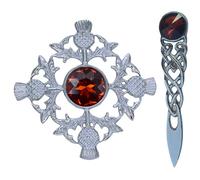 Kilt Brooch for Men - Thistle Chrome Finish/Ladies Brooch & Kilt Pin 4" - Women’s Scarf & Shawl Brooches Stone, Tartan & Celtic Knot Designs, 10cm (Brown - Chrome)