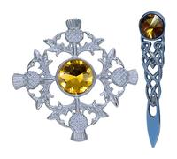 Kilt Brooch for Men - Thistle Chrome Finish/Ladies Brooch & Kilt Pin 4" - Women’s Scarf & Shawl Brooches Stone, Tartan & Celtic Knot Designs, 10cm (Yellow - Chrome)