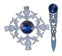 Kilt Brooch for Men - Thistle Chrome Finish/Ladies Brooch & Kilt Pin 4" - Women’s Scarf & Shawl Brooches Stone, Tartan & Celtic Knot Designs, 10cm (Blue - Chrome)