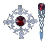 Kilt Brooch for Men - Thistle Chrome Finish/Ladies Brooch & Kilt Pin 4" - Women’s Scarf & Shawl Brooches Stone, Tartan & Celtic Knot Designs, 10cm (Red - Chrome)
