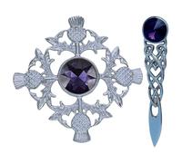 Kilt Brooch for Men - Thistle Chrome Finish/Ladies Brooch & Kilt Pin 4" - Women’s Scarf & Shawl Brooches Stone, Tartan & Celtic Knot Designs, 10cm (Purple - Chrome)