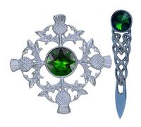 Kilt Brooch for Men - Thistle Chrome Finish/Ladies Brooch & Kilt Pin 4" - Women’s Scarf & Shawl Brooches Stone, Tartan & Celtic Knot Designs, 10cm (Green- Chrome)