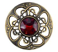 Kilt Emporium Culloden Plaid Brooch - Antique Finish Celtic Kilt Pin, Various Gemstone Colors, 3-Inch Diameter (Red - Brass Antique)